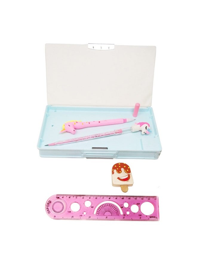 PARTEET Combo (Pack of 5Items) 1Plastic Unicorn Pencil Box,1 Unicorn Gel Pen,1 Ice Cream Eraser,1Unicorn Pencil and 1 Scale for Kids