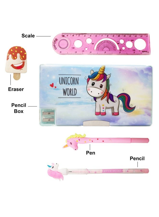 PARTEET Combo (Pack of 5Items) 1Plastic Unicorn Pencil Box,1 Unicorn Gel Pen,1 Ice Cream Eraser,1Unicorn Pencil and 1 Scale for Kids