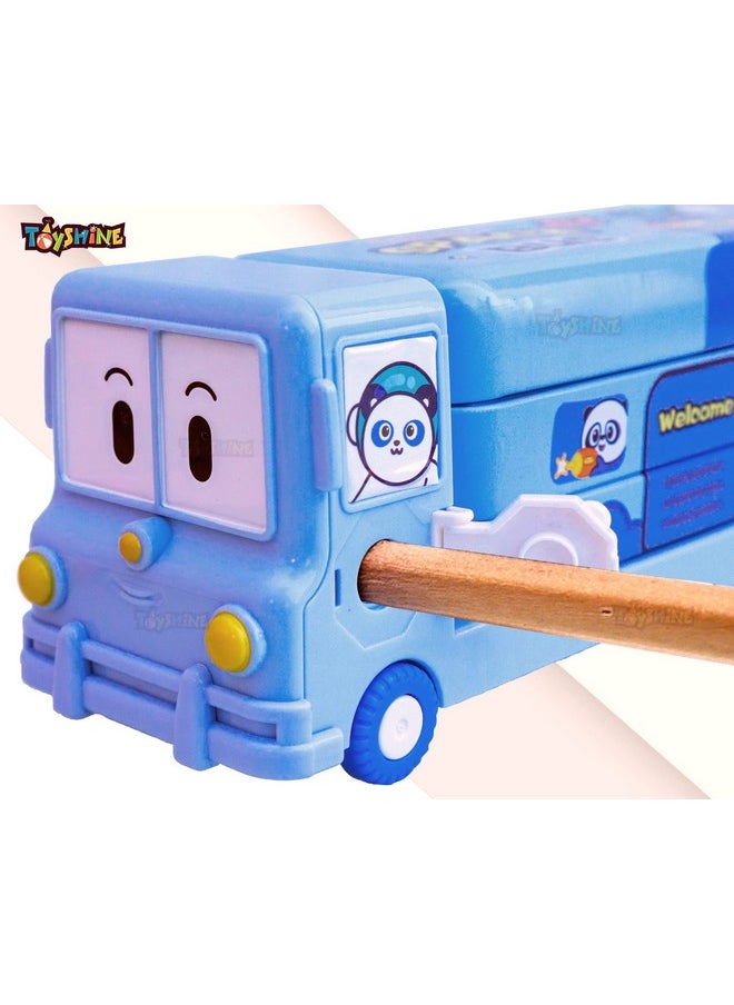 Toyshine Space Printed School Bus Matal Pencil Box With Moving Tyres And Sharpner For Kids - Blue - Metal