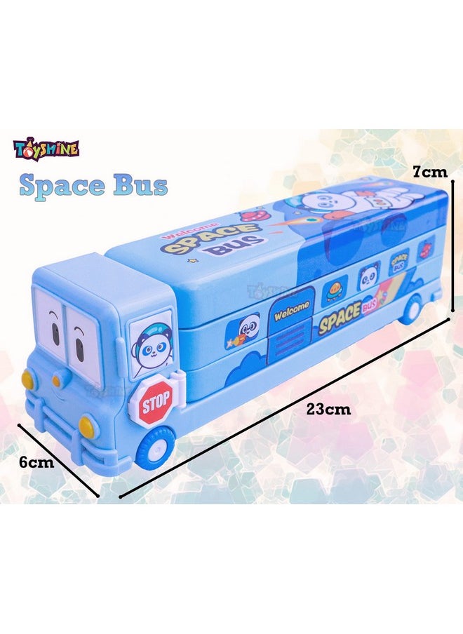 Toyshine Space Printed School Bus Matal Pencil Box With Moving Tyres And Sharpner For Kids - Blue - Metal