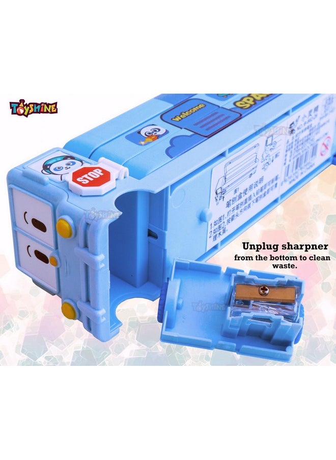 Toyshine Space Printed School Bus Matal Pencil Box With Moving Tyres And Sharpner For Kids - Blue - Metal