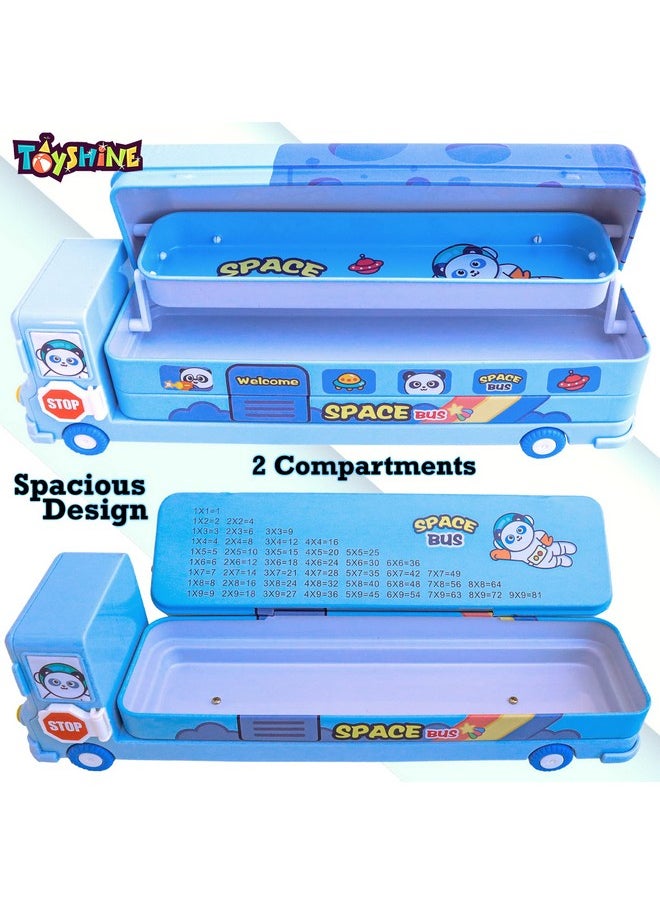 Toyshine Space Printed School Bus Matal Pencil Box With Moving Tyres And Sharpner For Kids - Blue - Metal