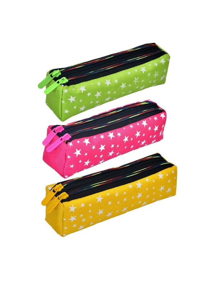 Kuber Industries Pencil Pouch|Rexine Stationary Pouch|Pencil Utility Pouch|School Pencil Case for Kids|2 Zipper Pencil Organizer|Star Pencil Pouch|Pack of 3|Multi