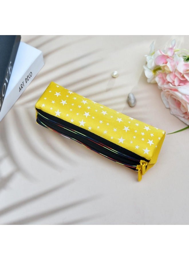 Kuber Industries Pencil Pouch|Rexine Stationary Pouch|Pencil Utility Pouch|School Pencil Case for Kids|Pen-Pencil Box for Kids|2 Zipper Pencil Organizer|Star Pencil Pouch|Pack of 5|Yellow