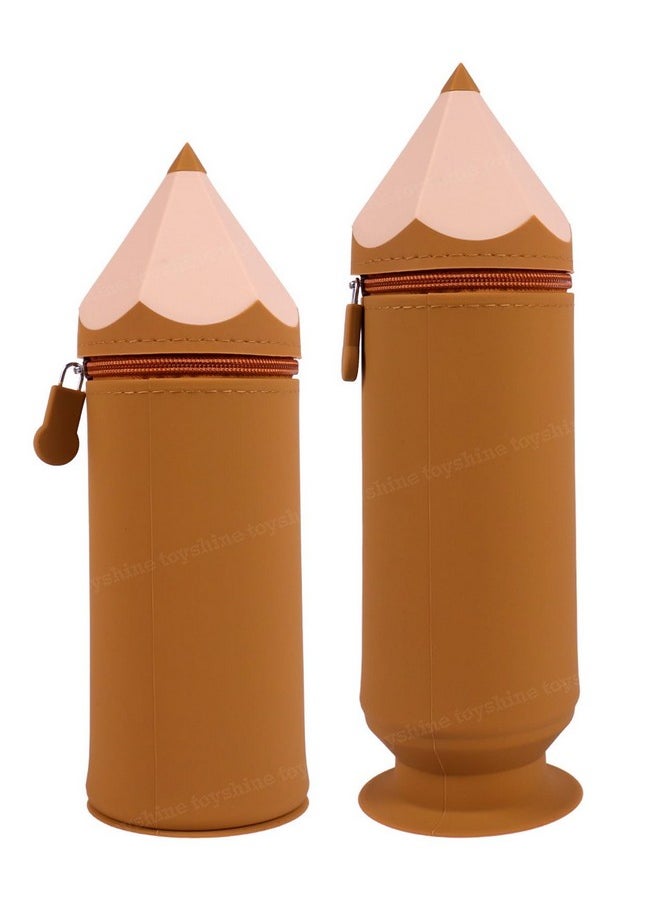 Toyshine Pencil Shaped Pencil Pouch Portable Pencil Bag with Zipper Cute Pen Pouch Bag for Kids Gift Stationery -Brown