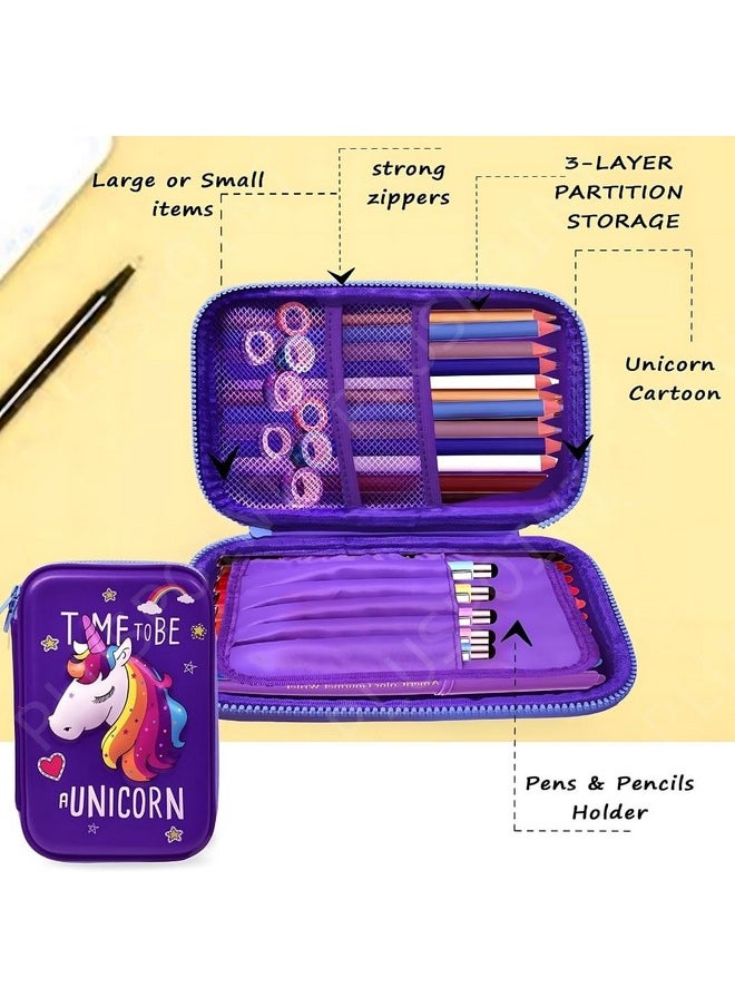 PLUSPOINT 3D Unicorn Pencil case Large Capacity Premium Stylish EVA Case Embossed Compass with More Space, School Supply Organizer for Students, Stationery Box, Cosmetic Zip Pouch Bag