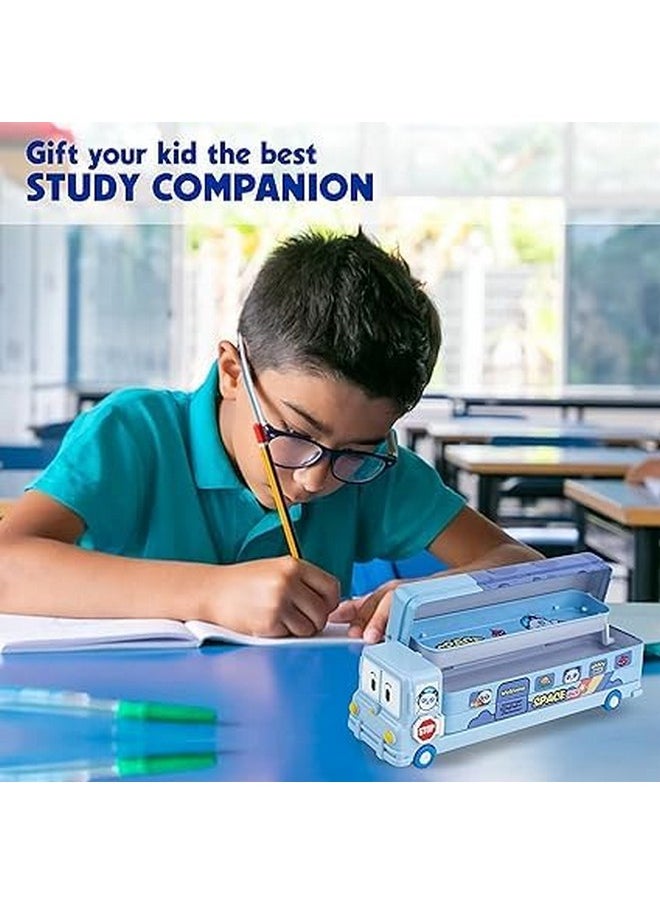 PARTEET Multicolour Cartoon Printed School Bus Metal Pencil Box with Moving Tyres (A) (Blue)