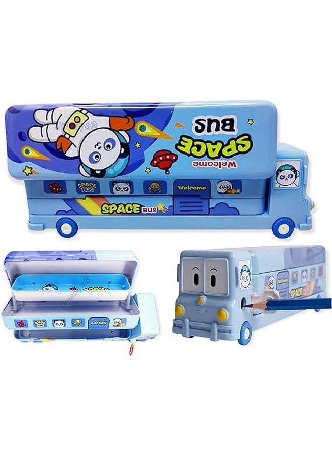 PARTEET Multicolour Cartoon Printed School Bus Metal Pencil Box with Moving Tyres (A) (Blue)