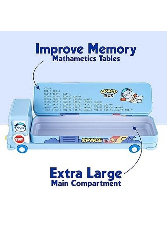 PARTEET Multicolour Cartoon Printed School Bus Metal Pencil Box with Moving Tyres (A) (Blue)