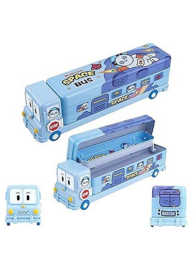 PARTEET Multicolour Cartoon Printed School Bus Metal Pencil Box with Moving Tyres (A) (Blue)