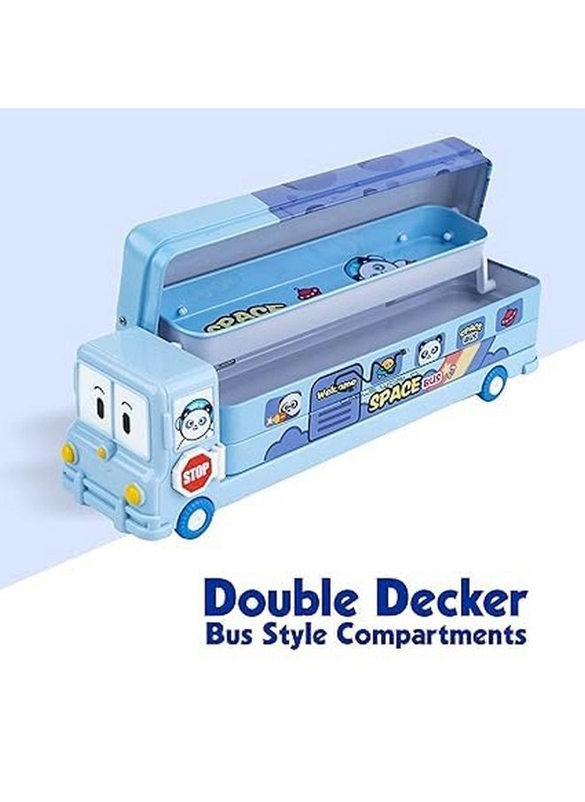 PARTEET Multicolour Cartoon Printed School Bus Metal Pencil Box with Moving Tyres (A) (Blue)