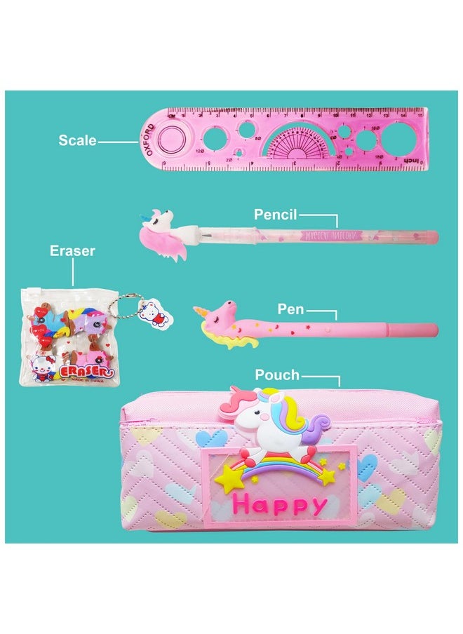 PARTEET Combo Pack of 5 Items 1 Pouch 1 Unicorn Pencil, 1 Unicorn Pen, 4Pc Unicorn Eraser, 1 Scale for Kids