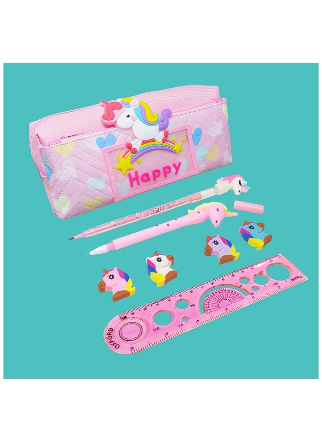 PARTEET Combo Pack of 5 Items 1 Pouch 1 Unicorn Pencil, 1 Unicorn Pen, 4Pc Unicorn Eraser, 1 Scale for Kids