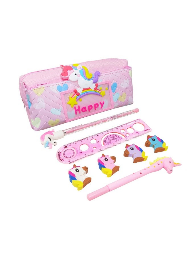 PARTEET Combo Pack of 5 Items 1 Pouch 1 Unicorn Pencil, 1 Unicorn Pen, 4Pc Unicorn Eraser, 1 Scale for Kids