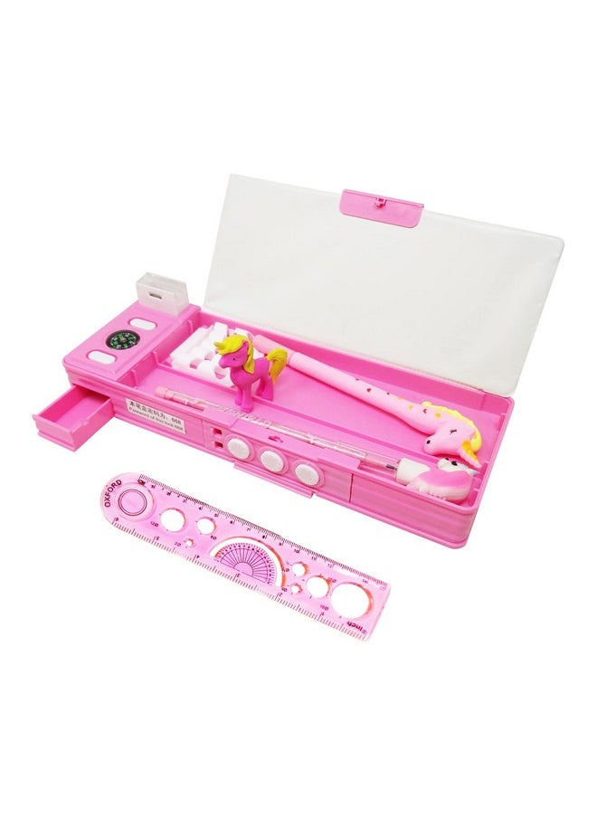 PARTEET Plastic Combo (Pack Of 5 Items) 1 Password Protected Pencil Box, 1 Lead Pencil With Extra Lead, 1 Gel Pen, 1 Unicorn Eraser, 1 Scale Combo Pack For Kids (Pink)