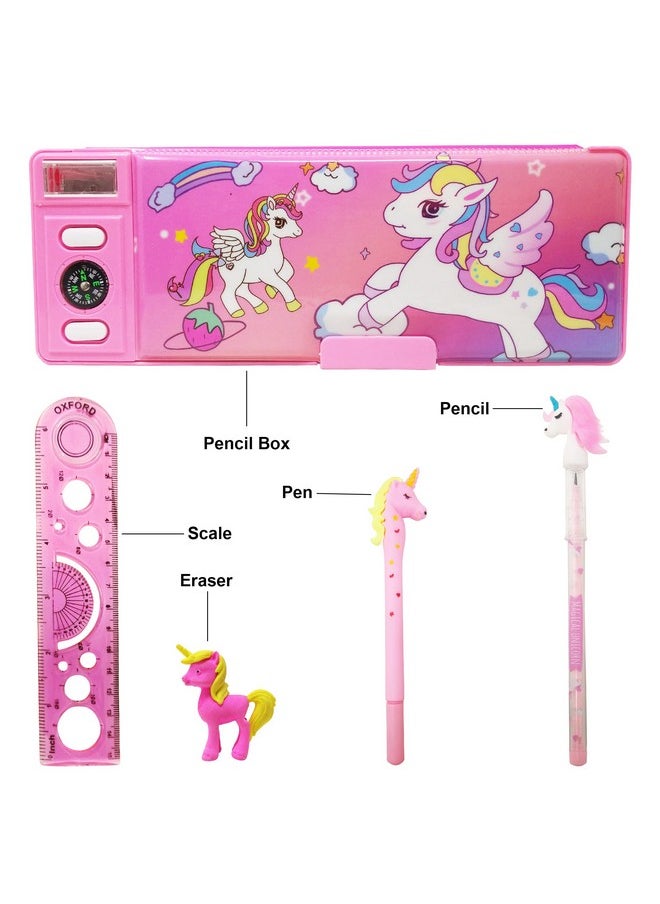 PARTEET Plastic Combo (Pack Of 5 Items) 1 Password Protected Pencil Box, 1 Lead Pencil With Extra Lead, 1 Gel Pen, 1 Unicorn Eraser, 1 Scale Combo Pack For Kids (Pink)