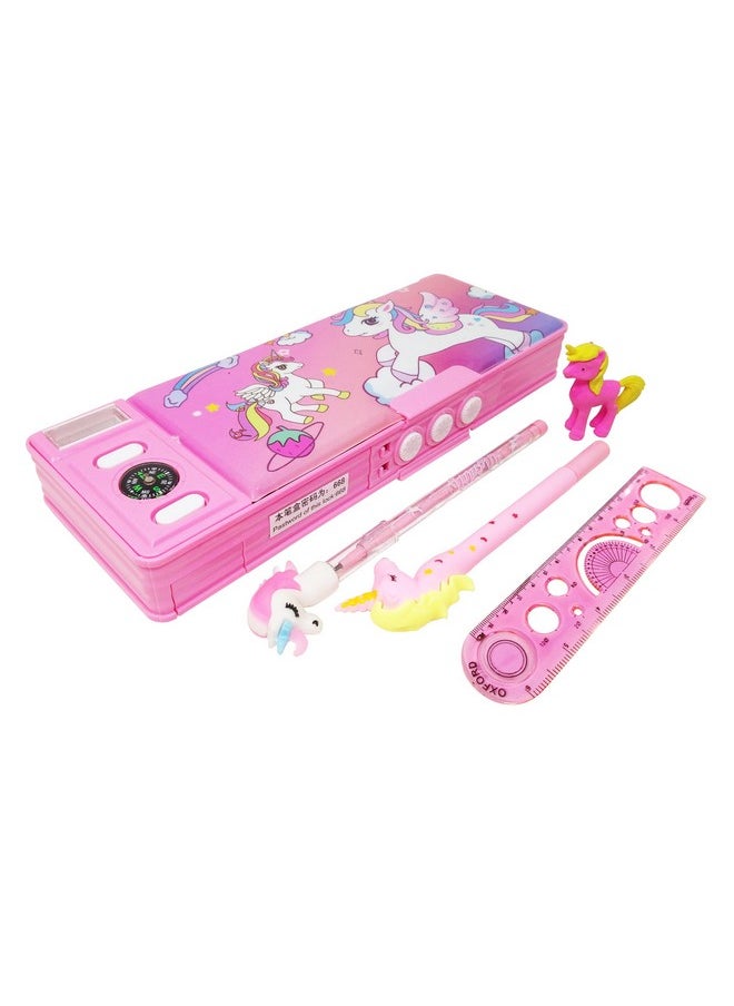PARTEET Plastic Combo (Pack Of 5 Items) 1 Password Protected Pencil Box, 1 Lead Pencil With Extra Lead, 1 Gel Pen, 1 Unicorn Eraser, 1 Scale Combo Pack For Kids (Pink)