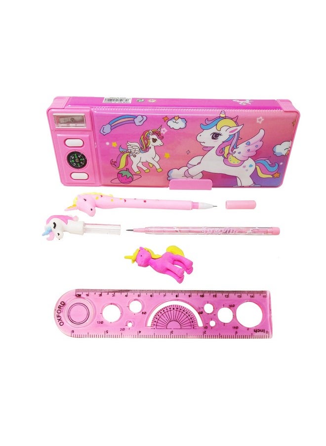 PARTEET Plastic Combo (Pack Of 5 Items) 1 Password Protected Pencil Box, 1 Lead Pencil With Extra Lead, 1 Gel Pen, 1 Unicorn Eraser, 1 Scale Combo Pack For Kids (Pink)