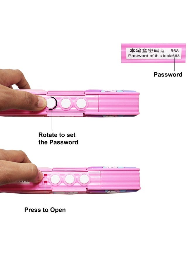 PARTEET Plastic Combo (Pack Of 5 Items) 1 Password Protected Pencil Box, 1 Lead Pencil With Extra Lead, 1 Gel Pen, 1 Unicorn Eraser, 1 Scale Combo Pack For Kids (Pink)