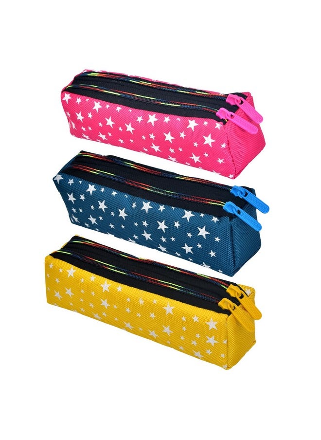 Kuber Industries Pencil Pouch | Rexine Stationary Pouch | 2 Zipper Pencil Utility Pouch | Pen-Pencil Box for Kids | Star Pencil Pouch | Pack of 3 | Multi