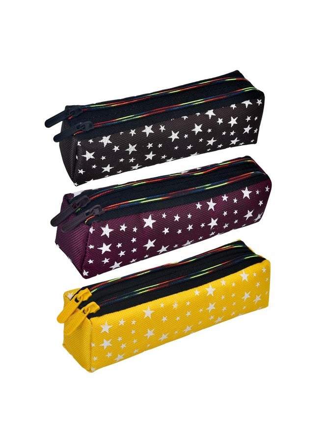 Kuber Industries Pencil Pouch|Rexine Stationary Pouch|Pencil Utility Pouch|School Pencil Case for Kids|2 Zipper Pencil Organizer|Star Pencil Pouch|Pack of 3|Multi