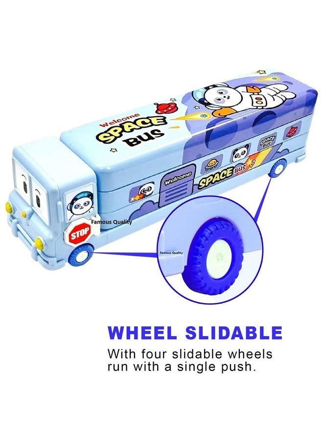 FAMOUS QUALITY® 2 in 1 - Cartoon Printed School Bus Metal Pencil Box with Moving Tyres and Sharpener for Kids - Blue,Metal
