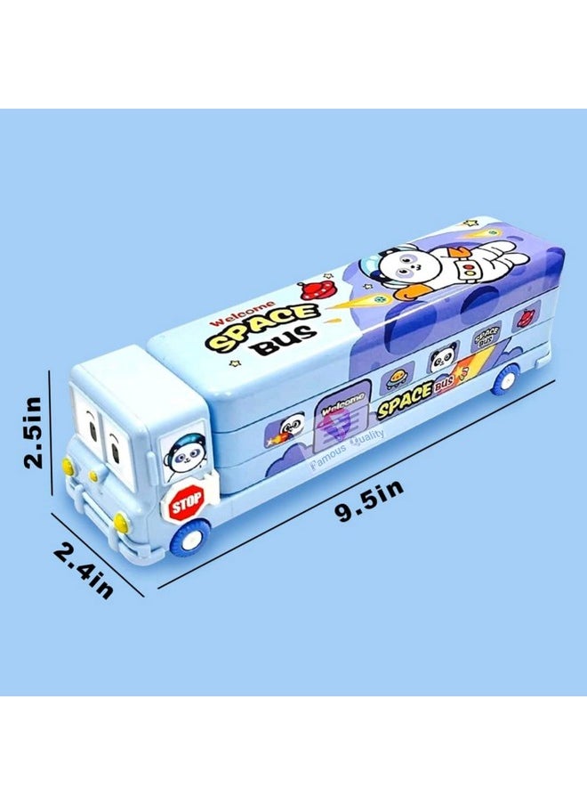 FAMOUS QUALITY® 2 in 1 - Cartoon Printed School Bus Metal Pencil Box with Moving Tyres and Sharpener for Kids - Blue,Metal