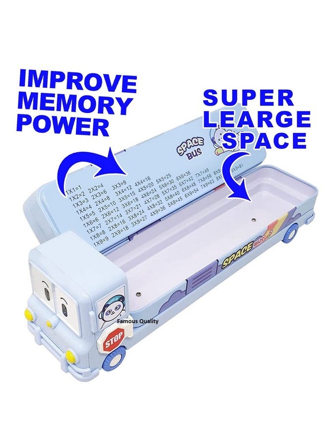 FAMOUS QUALITY® 2 in 1 - Cartoon Printed School Bus Metal Pencil Box with Moving Tyres and Sharpener for Kids - Blue,Metal