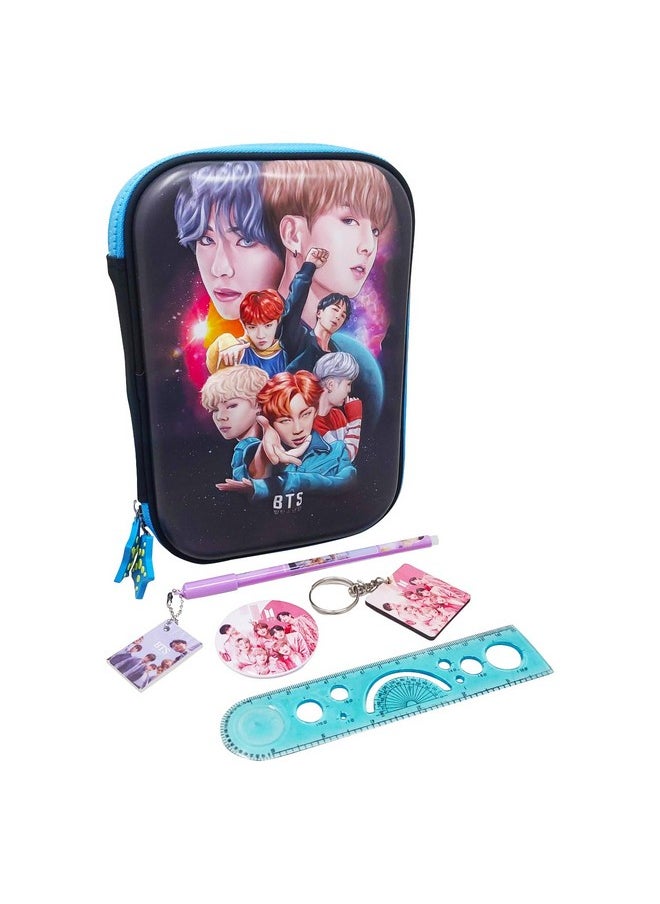 PARTEET BTS Theme 3D EVA Pencil Case with Zipper Lock, Net Pocket, Pen & Pencil Holder,BTS Broach, BTS Keychain, BTS Pen, Scale, Birthday Return Gift for Kids