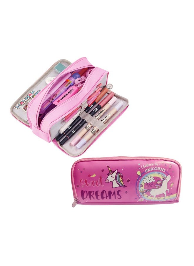 Jiada Unicorn Print Large Capacity Pencil Case 3 Compartment Pouch Pen Utility Bag for Girls