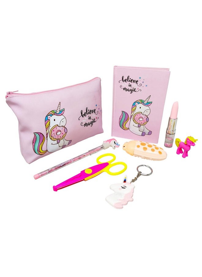 PARTEET Unicorn Combo (Pack of 8 Items) 1 Unicorn Multipurpose Pouch, 1 Diary, 1 Key Chain, 1 Lipstick Pen, 1 Unicorn Pencil, 1 Unicorn Eraser, 1 Correction Tape and 1 Designer Scissor for Kids