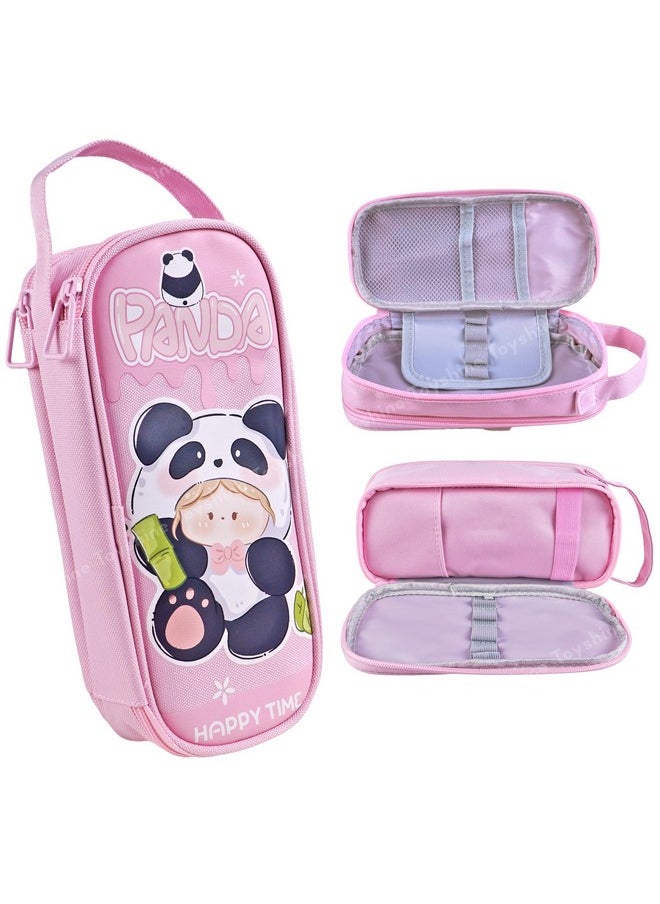 Toyshine Panda Theme 2 Layer Large Capacity Handheld Multifunctional Pencil Pouch for School Kids Students Cute Stationary Gift for Girls Boys - Pink