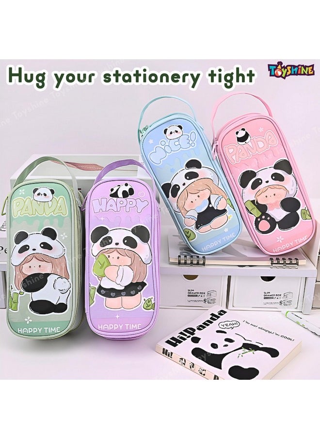 Toyshine Panda Theme 2 Layer Large Capacity Handheld Multifunctional Pencil Pouch for School Kids Students Cute Stationary Gift for Girls Boys - Pink