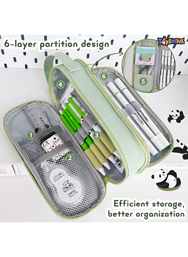 Toyshine Panda Theme 2 Layer Large Capacity Handheld Multifunctional Pencil Pouch for School Kids Students Cute Stationary Gift for Girls Boys - Pink