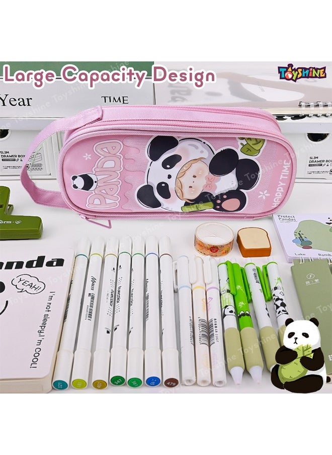Toyshine Panda Theme 2 Layer Large Capacity Handheld Multifunctional Pencil Pouch for School Kids Students Cute Stationary Gift for Girls Boys - Pink