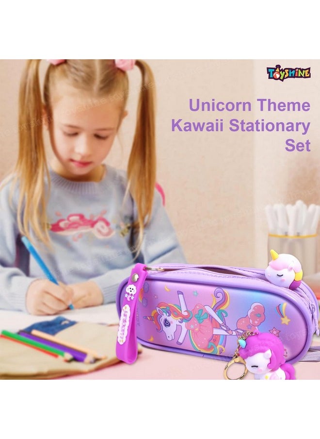 Toyshine 3 Pc Unicorn Theme Kawaii Stationary Set for Kids-Girls Aesthetic Stationery Items for School & College Students - Model A