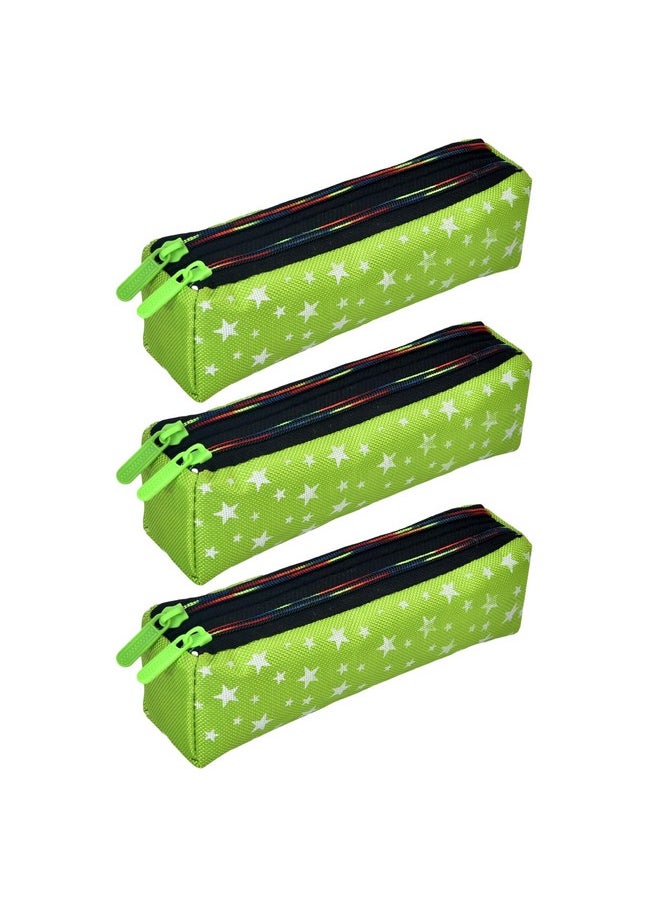 Kuber Industries Pencil Pouch | Rexine Stationary Pouch | Pencil Utility Pouch | School Pencil Case for Kids | 2 Zipper Pencil Organizer | Star Pencil Pouch | Pack of 3 | Green