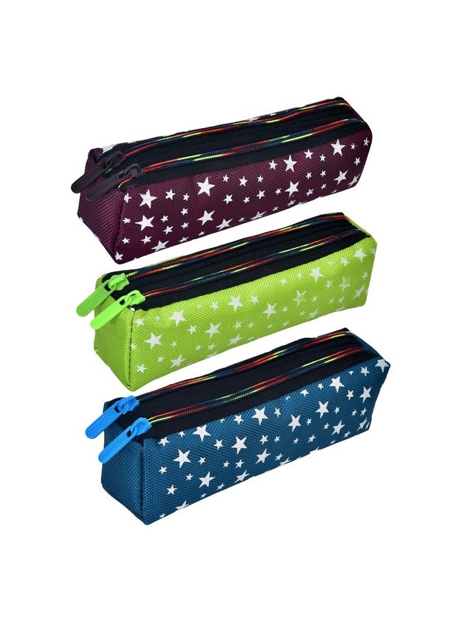 Kuber Industries Pencil Pouch | Rexine Stationary Pouch | Pencil Utility Pouch | School Pencil Case for Kids | 2 Zipper Pencil Organizer | Star Pencil Pouch | Pack of 3 | Multi