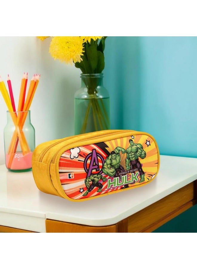 Kuber Industries Pencil Pouch | Multi-Purpose Travel Pouch | 2 Compartments Utility Pouch | Waterproof Stationary Bag | Geometry Box | Marvel Hulk | Yellow