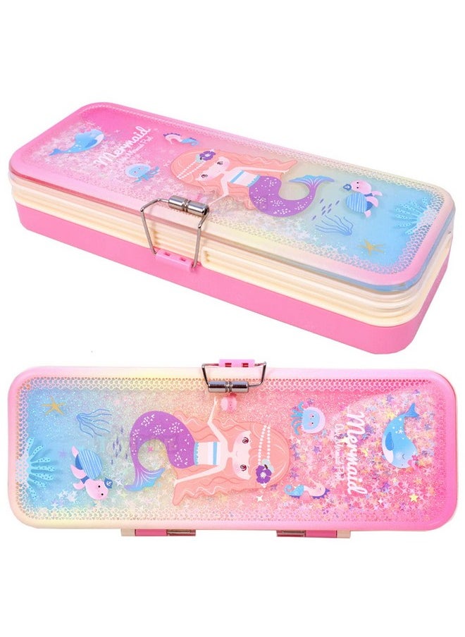 Toyshine Double Compartment Glitter Star Flowing Pencil Box For Kids - Mermaid - Plastic, Multicolor