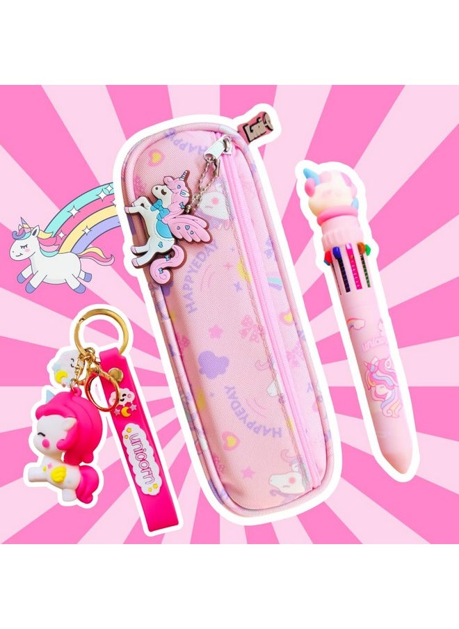 PLUSPOINT Unicorn Theme Pouch with Pen & Keychain Pack of 3 Pcs Zipper Pencil Case, 10 Color Pen & Unicorn Keychain/Ring, Kawaii Stationary Set, Birthday Gift Items, Return Gift for Kids