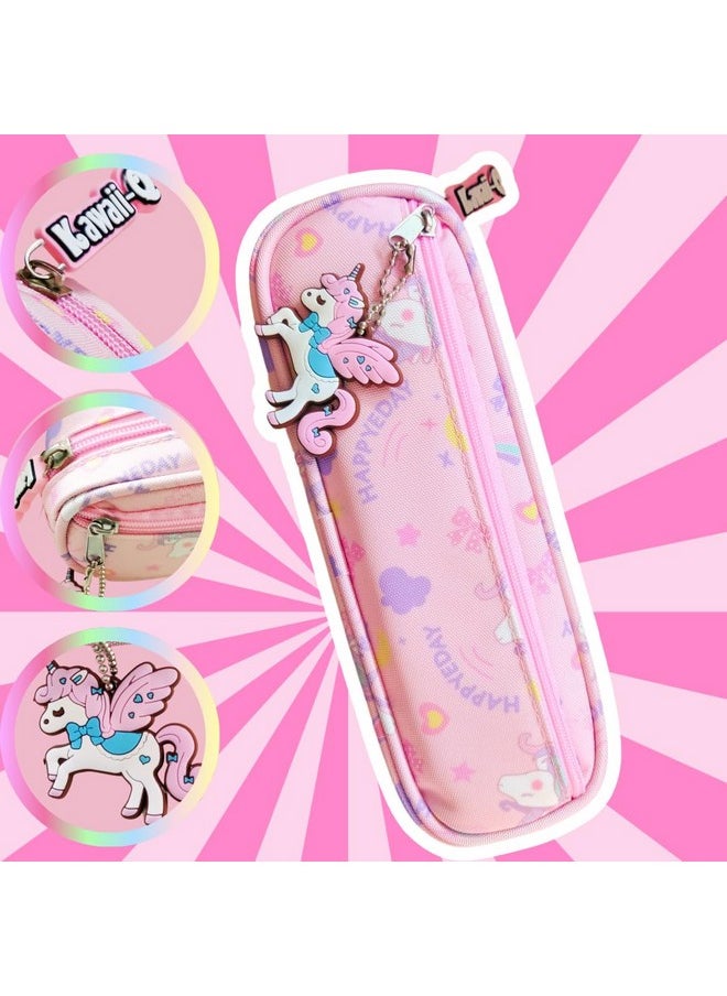 PLUSPOINT Unicorn Theme Pouch with Pen & Keychain Pack of 3 Pcs Zipper Pencil Case, 10 Color Pen & Unicorn Keychain/Ring, Kawaii Stationary Set, Birthday Gift Items, Return Gift for Kids