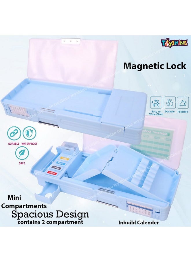 Toyshine Multi Compartment Button Operated Space Pencil Box, With Pen Stand In-Built, Push Button Enabled Storages And Sharpener For Kids - Blue - Plastic