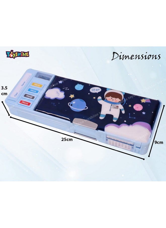 Toyshine Multi Compartment Button Operated Space Pencil Box, With Pen Stand In-Built, Push Button Enabled Storages And Sharpener For Kids - Blue - Plastic