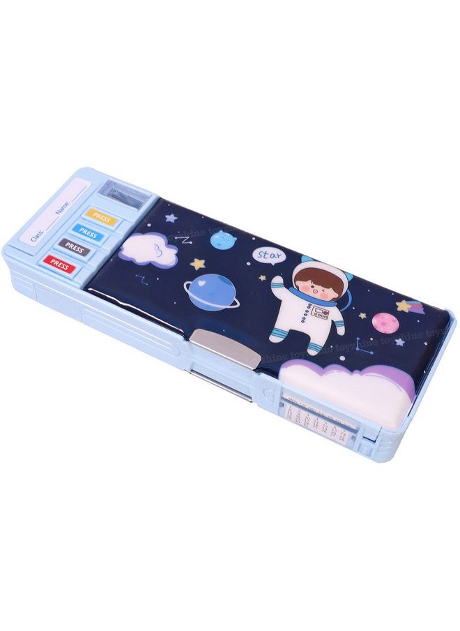 Toyshine Multi Compartment Button Operated Space Pencil Box, With Pen Stand In-Built, Push Button Enabled Storages And Sharpener For Kids - Blue - Plastic
