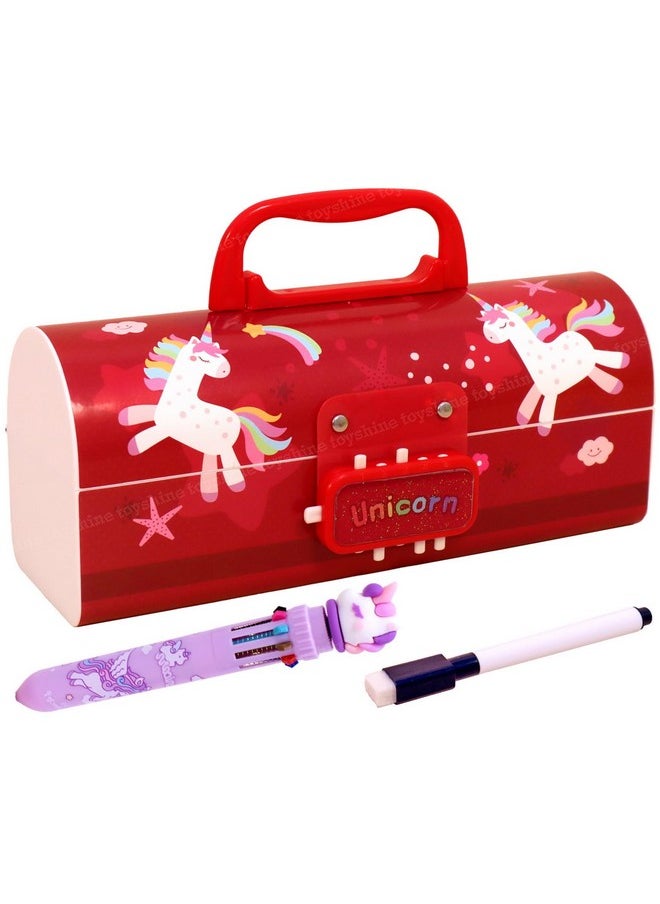 Toyshine Pencil Box With Code Lock Pen Case Large Capacity Multi-Layer Multi-Function Storage Bag Secret Compartment Pencil Box - Unicorn Dark Red - Plastic