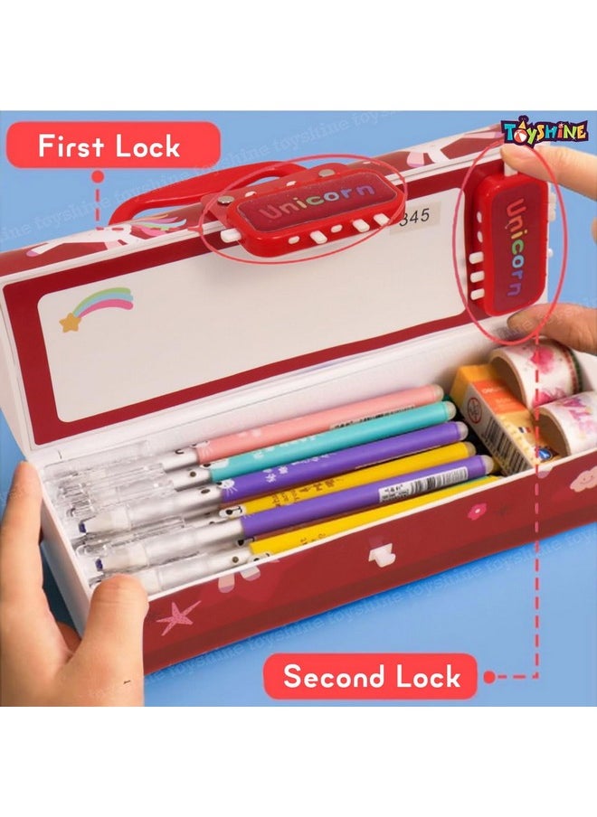 Toyshine Pencil Box With Code Lock Pen Case Large Capacity Multi-Layer Multi-Function Storage Bag Secret Compartment Pencil Box - Unicorn Dark Red - Plastic