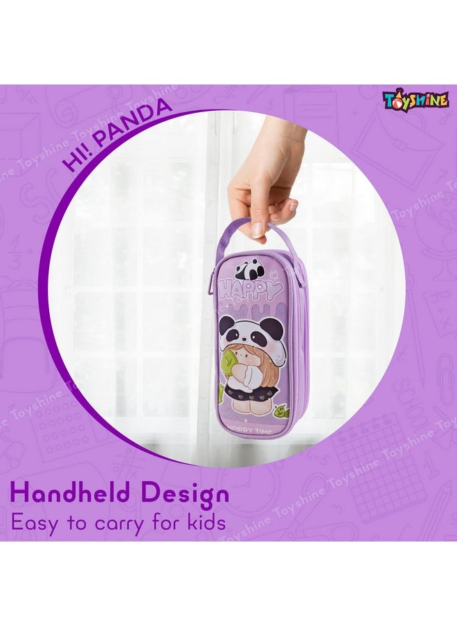Toyshine Panda Theme 2 Layer Large Capacity Handheld Multifunctional Pencil Pouch for School Kids Students Cute Stationary Gift for Girls Boys - Purple