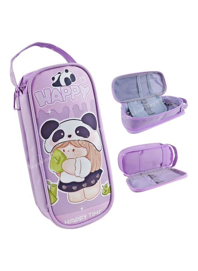 Toyshine Panda Theme 2 Layer Large Capacity Handheld Multifunctional Pencil Pouch for School Kids Students Cute Stationary Gift for Girls Boys - Purple
