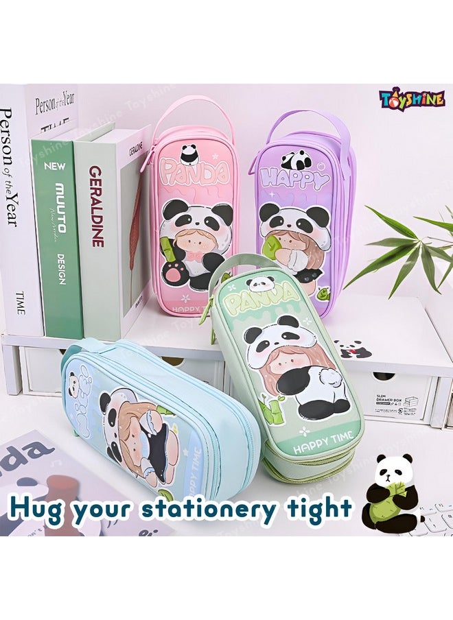 Toyshine Panda Theme 2 Layer Large Capacity Handheld Multifunctional Pencil Pouch for School Kids Students Cute Stationary Gift for Girls Boys - Purple